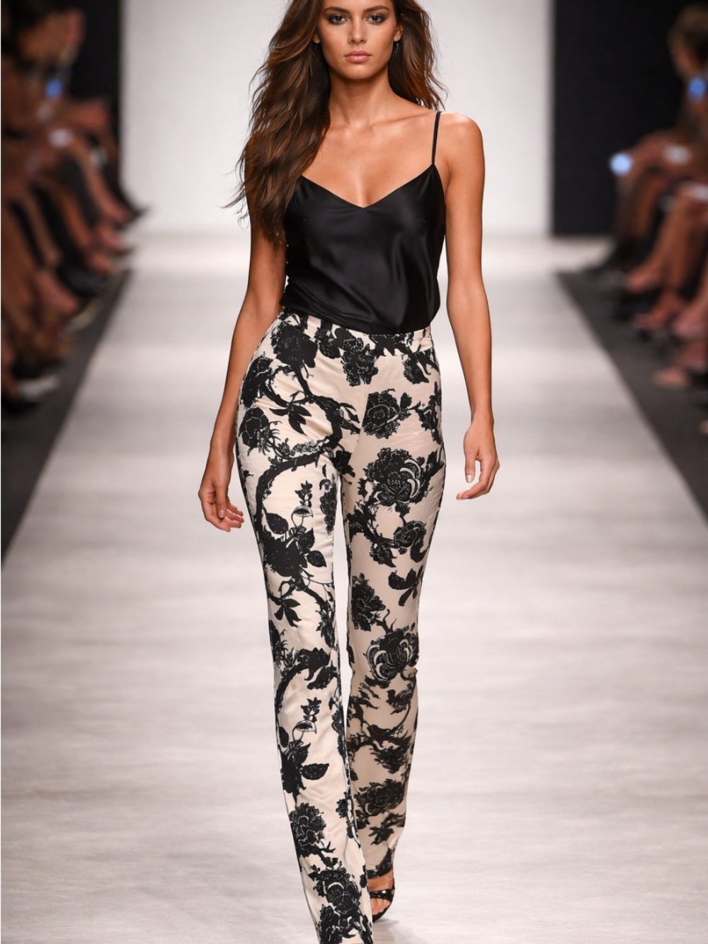 MaxMara Black Floral Print Straight-Leg Pants on Cream